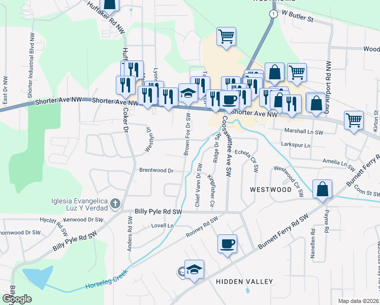map of restaurants, bars, coffee shops, grocery stores, and more near 103 Brown Fox Drive Southwest in Rome