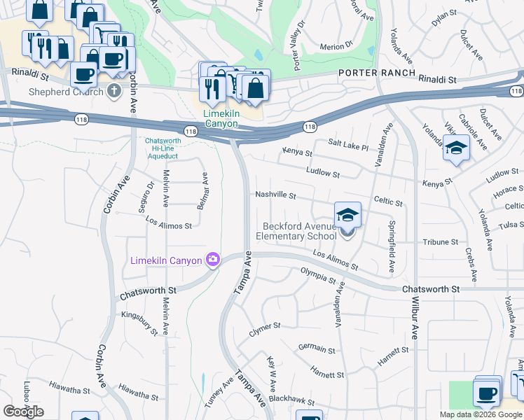map of restaurants, bars, coffee shops, grocery stores, and more near 10927 Key West Avenue in Los Angeles