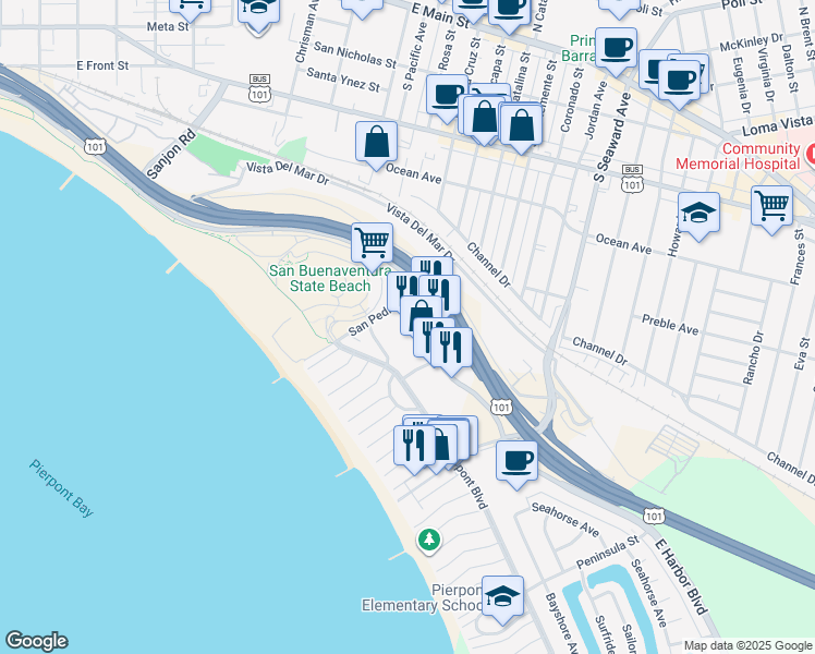 map of restaurants, bars, coffee shops, grocery stores, and more near 2055 East Harbor Boulevard in Ventura