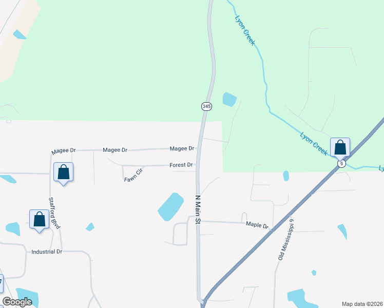 map of restaurants, bars, coffee shops, grocery stores, and more near 100-226 Magee Drive in Pontotoc