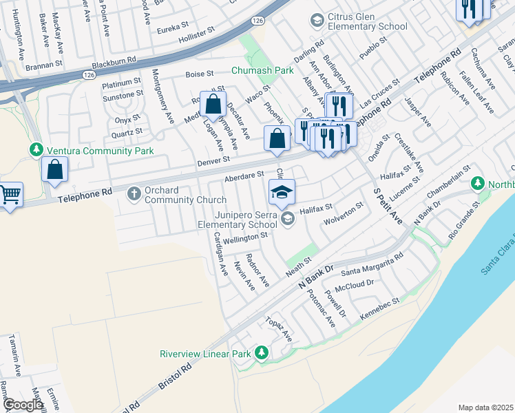 map of restaurants, bars, coffee shops, grocery stores, and more near 1292 Winford Avenue in Ventura