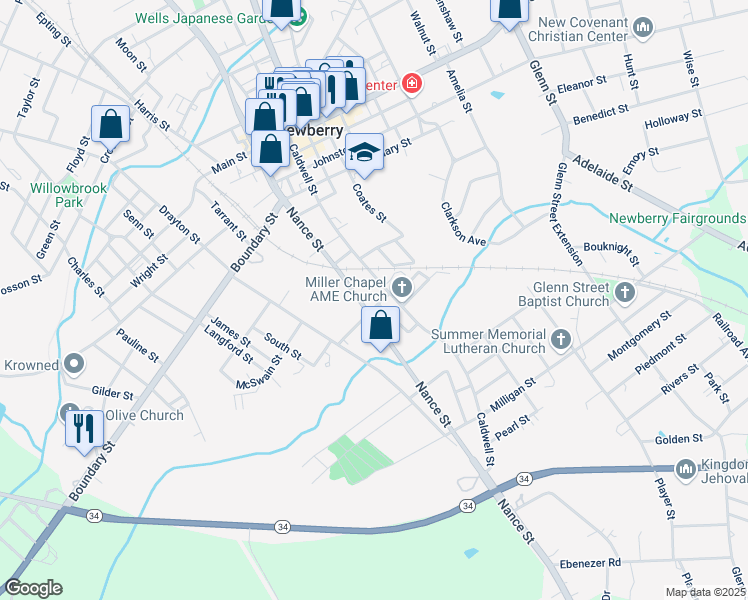 map of restaurants, bars, coffee shops, grocery stores, and more near 626 Nance Street in Newberry