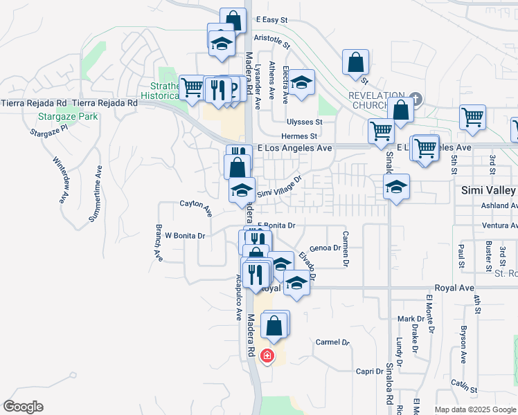 map of restaurants, bars, coffee shops, grocery stores, and more near 42 Skyflower Lane in Simi Valley