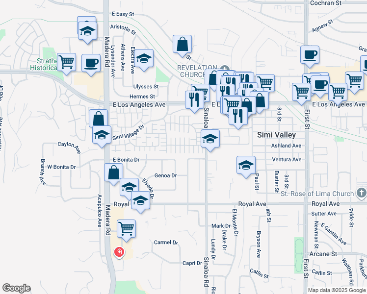 map of restaurants, bars, coffee shops, grocery stores, and more near 1691 Sweetleaf Lane in Simi Valley