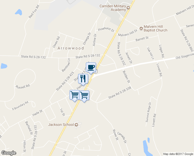 map of restaurants, bars, coffee shops, grocery stores, and more near 503 Old Stagecoach Road in Camden