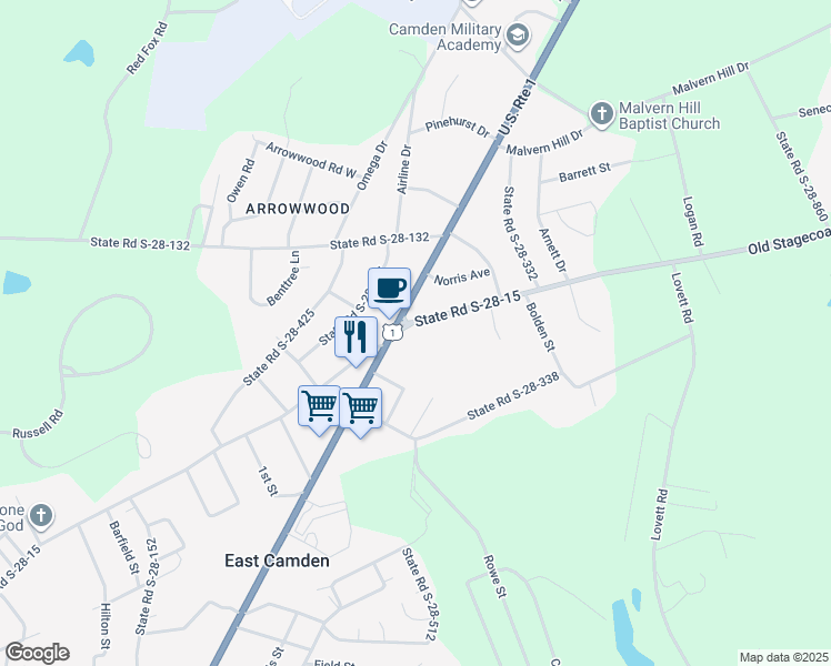 map of restaurants, bars, coffee shops, grocery stores, and more near 503 Old Stagecoach Road in Camden