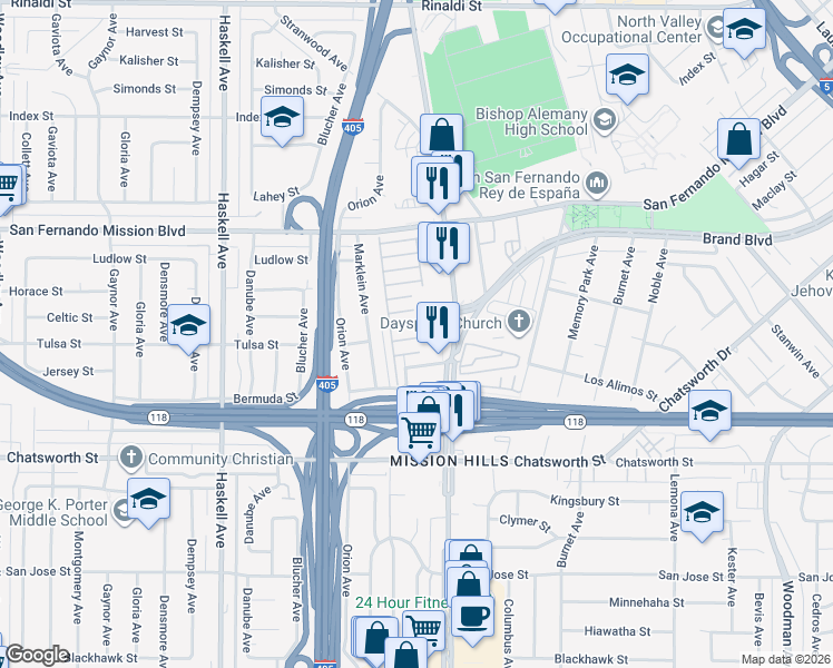 map of restaurants, bars, coffee shops, grocery stores, and more near 15439 Jersey Street in Los Angeles
