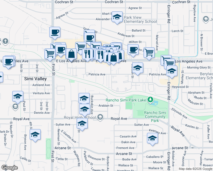 map of restaurants, bars, coffee shops, grocery stores, and more near 1486 Patricia Avenue in Simi Valley
