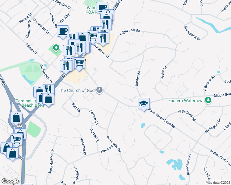 map of restaurants, bars, coffee shops, grocery stores, and more near 301 Middle Sound Loop Road in Wilmington