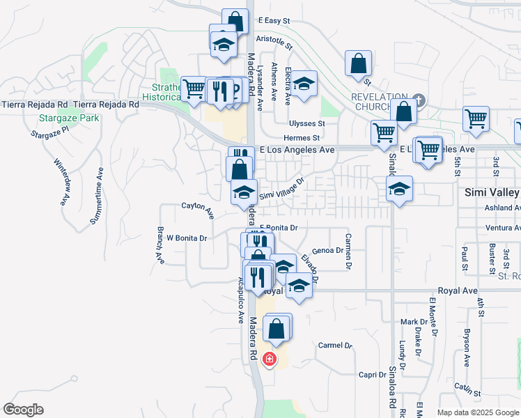 map of restaurants, bars, coffee shops, grocery stores, and more near 42 Skyflower Lane in Simi Valley