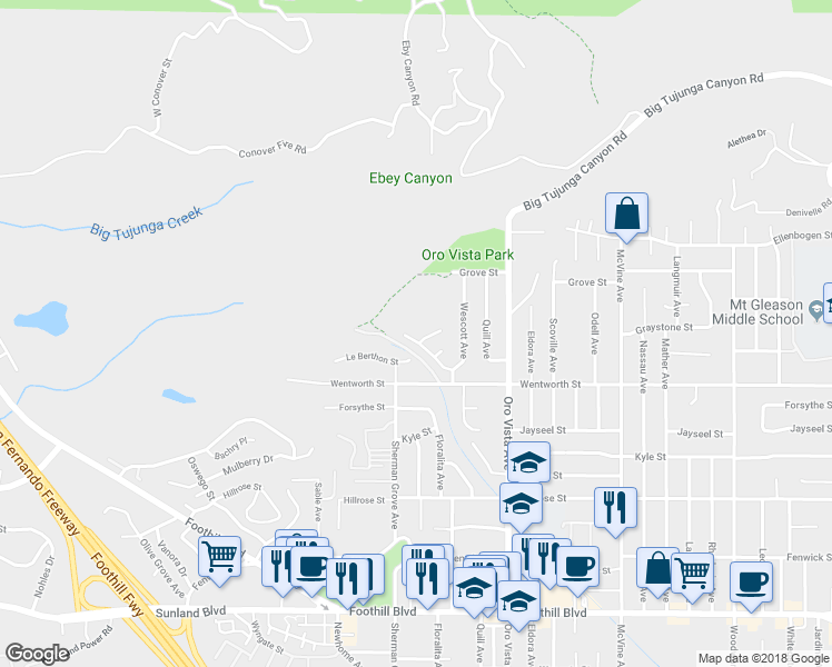 map of restaurants, bars, coffee shops, grocery stores, and more near 8545 Tujunga Valley Street in Los Angeles