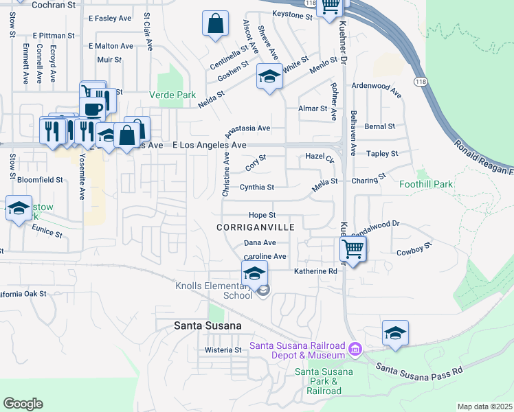 map of restaurants, bars, coffee shops, grocery stores, and more near 6261 Melia Street in Simi Valley