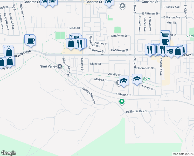 map of restaurants, bars, coffee shops, grocery stores, and more near 5314 Aurelia Street in Simi Valley