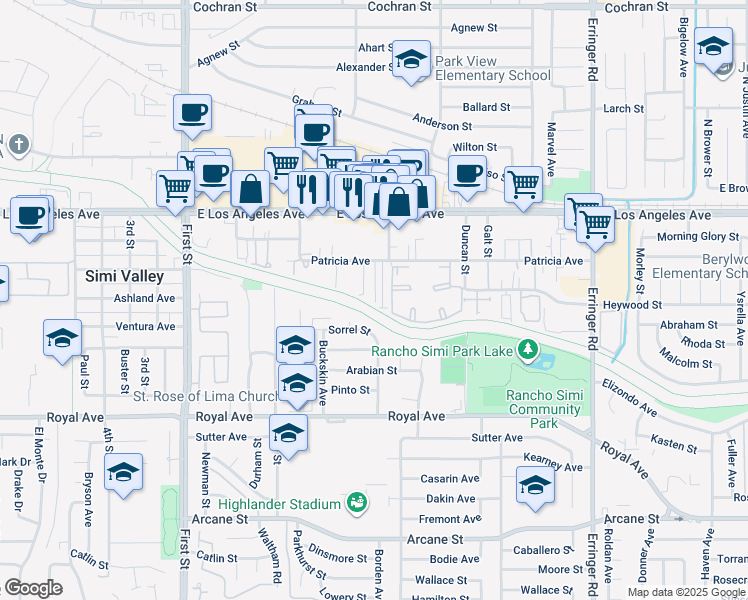 map of restaurants, bars, coffee shops, grocery stores, and more near 1448 Patricia Avenue in Simi Valley
