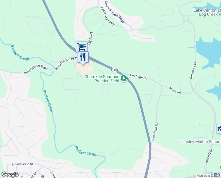 map of restaurants, bars, coffee shops, grocery stores, and more near 2281 Reinhardt College Parkway in Canton