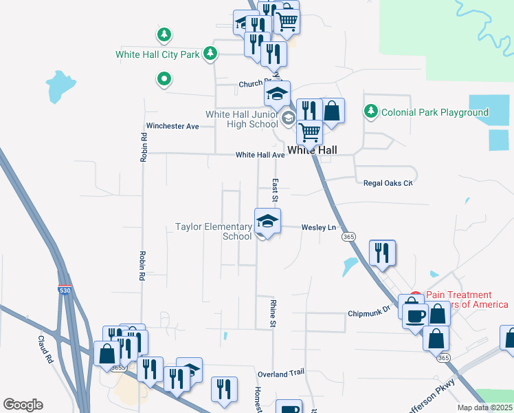 map of restaurants, bars, coffee shops, grocery stores, and more near 603 West Street in White Hall