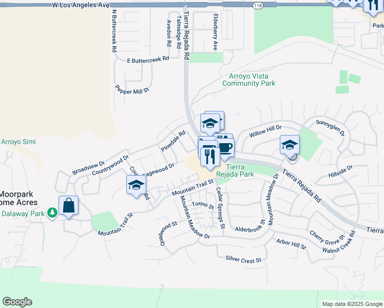 map of restaurants, bars, coffee shops, grocery stores, and more near 4337 Clearwood Road in Moorpark