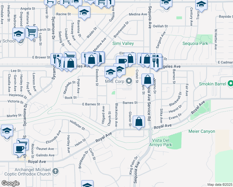 map of restaurants, bars, coffee shops, grocery stores, and more near 1755 Blackstock Avenue in Simi Valley