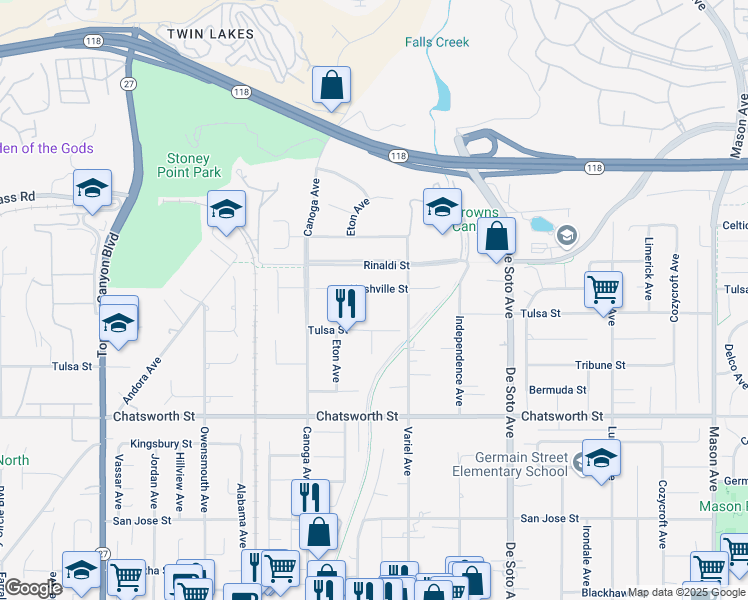 map of restaurants, bars, coffee shops, grocery stores, and more near 21200 Nashville Street in Los Angeles