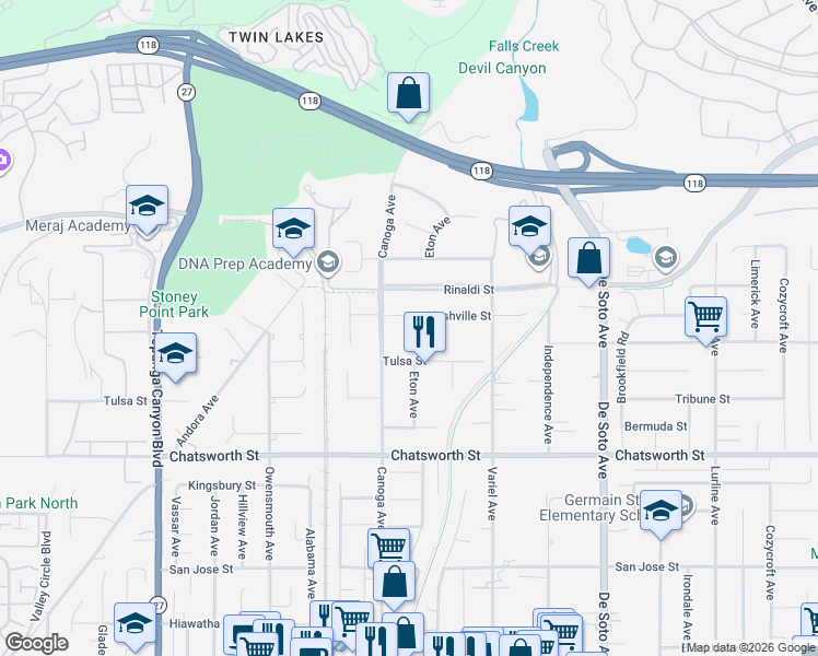 map of restaurants, bars, coffee shops, grocery stores, and more near 21316 Nashville Street in Los Angeles