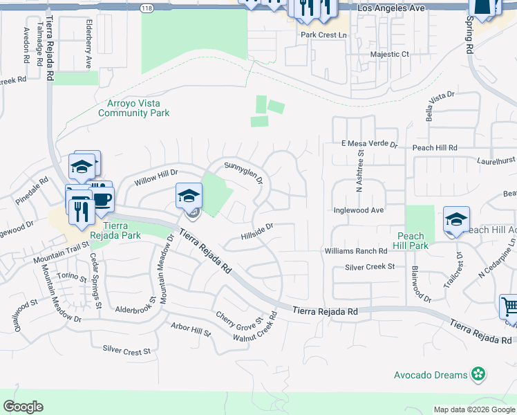 map of restaurants, bars, coffee shops, grocery stores, and more near Walnut Creek Road & Sunnyglen Drive in Moorpark