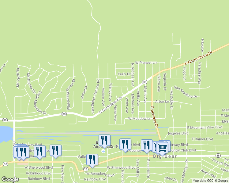 map of restaurants, bars, coffee shops, grocery stores, and more near 1017 Nana Avenue in Big Bear