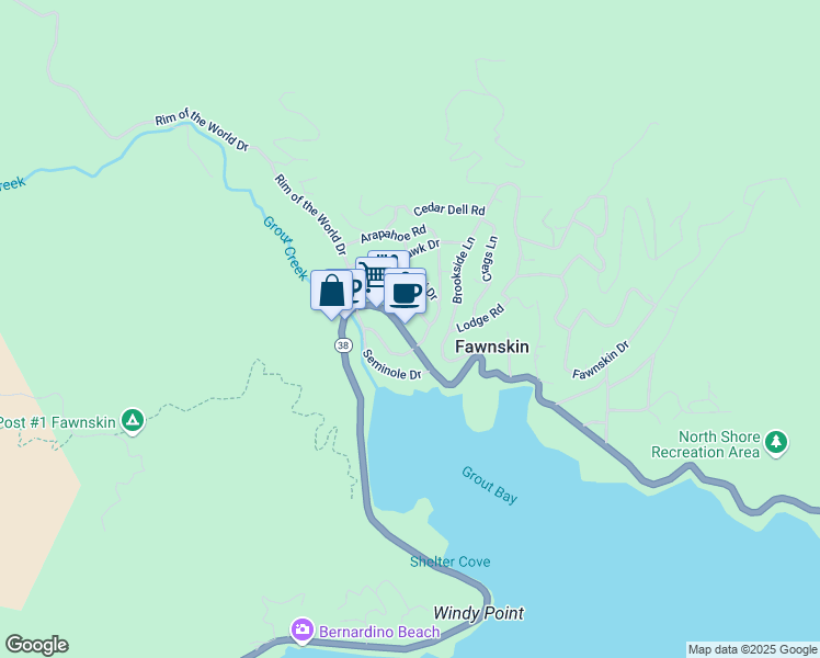 map of restaurants, bars, coffee shops, grocery stores, and more near 39226 North Shore Drive in Fawnskin