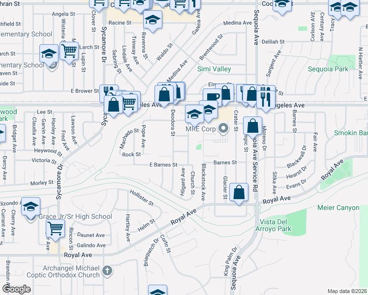 map of restaurants, bars, coffee shops, grocery stores, and more near 1741 Church Street in Simi Valley