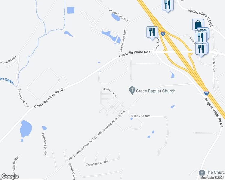 map of restaurants, bars, coffee shops, grocery stores, and more near 52 Howard Avenue in Cartersville