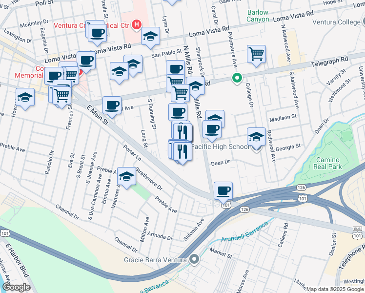 map of restaurants, bars, coffee shops, grocery stores, and more near 3301 East Main Street in Ventura