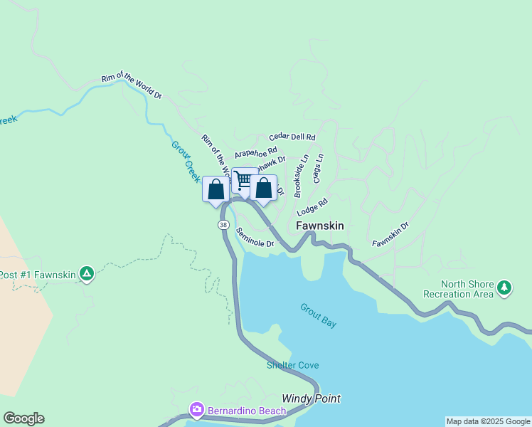 map of restaurants, bars, coffee shops, grocery stores, and more near 39226 North Shore Drive in Fawnskin