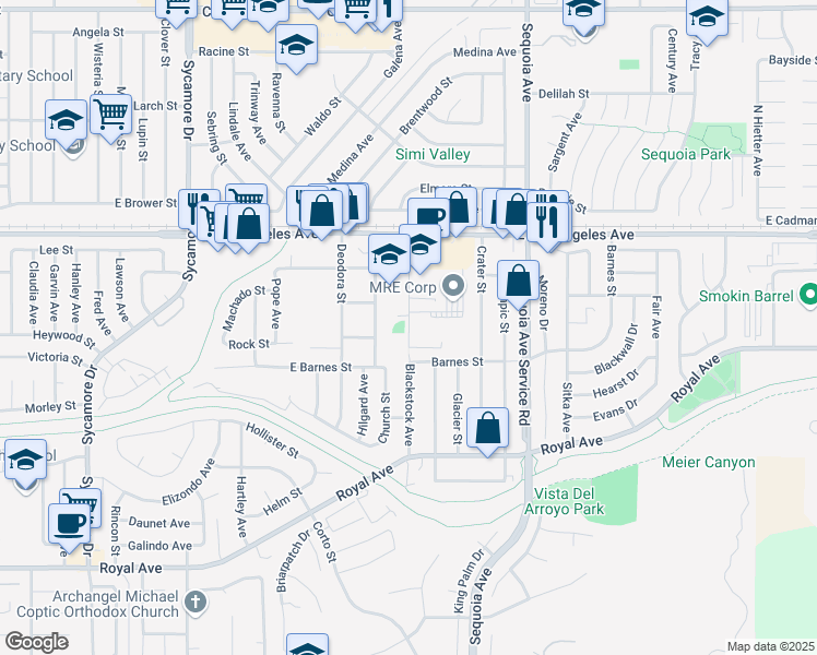 map of restaurants, bars, coffee shops, grocery stores, and more near 1755 Blackstock Avenue in Simi Valley