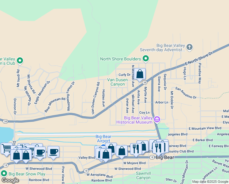 map of restaurants, bars, coffee shops, grocery stores, and more near 1017 Nana Avenue in Big Bear