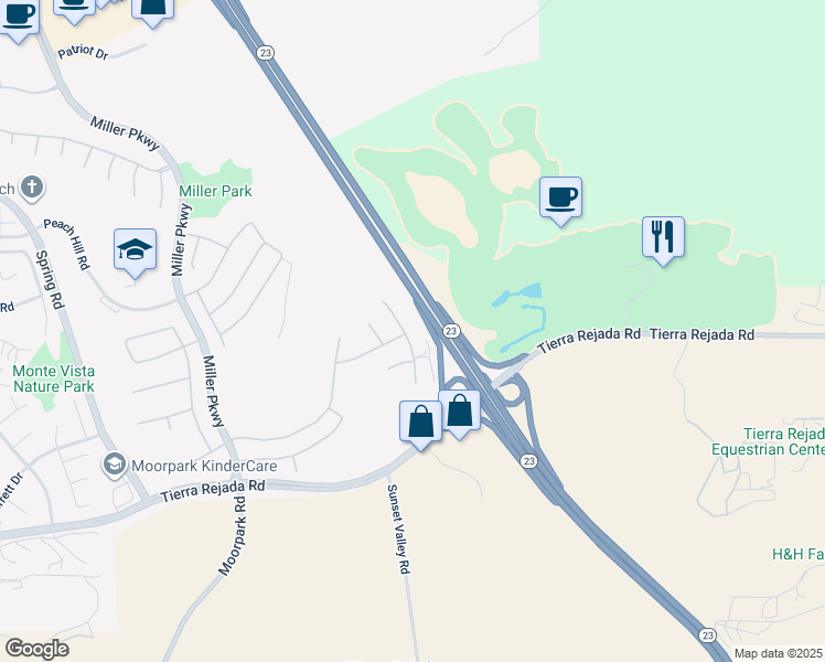 map of restaurants, bars, coffee shops, grocery stores, and more near 4260 Crabapple Court in Moorpark