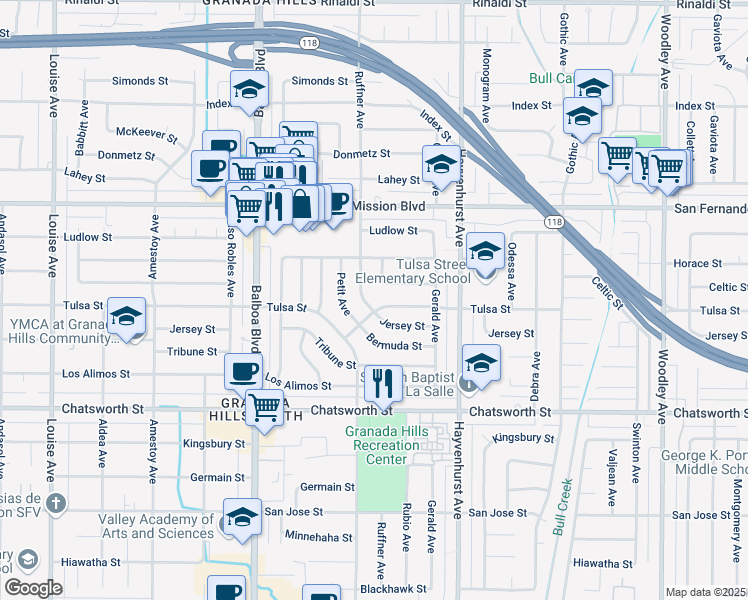 map of restaurants, bars, coffee shops, grocery stores, and more near 16738 Celtic Street in Los Angeles