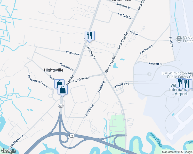 map of restaurants, bars, coffee shops, grocery stores, and more near 136 Gordon Rd in Wilmington