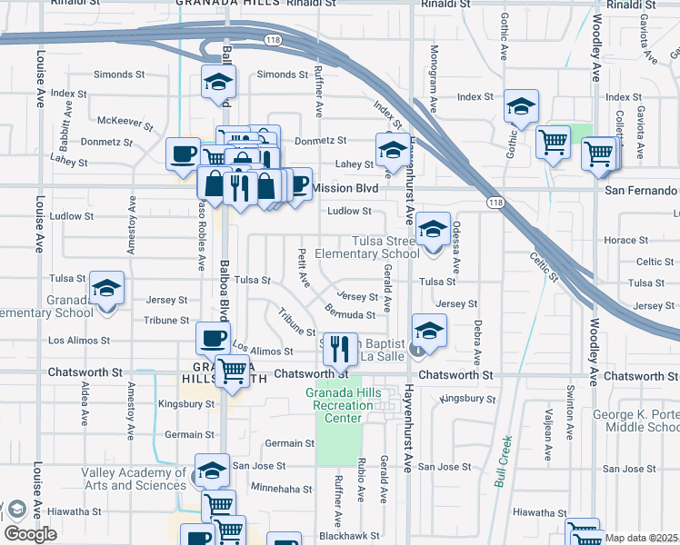 map of restaurants, bars, coffee shops, grocery stores, and more near 16729 Tulsa Street in Los Angeles