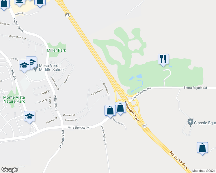 map of restaurants, bars, coffee shops, grocery stores, and more near 4260 Crabapple Court in Moorpark