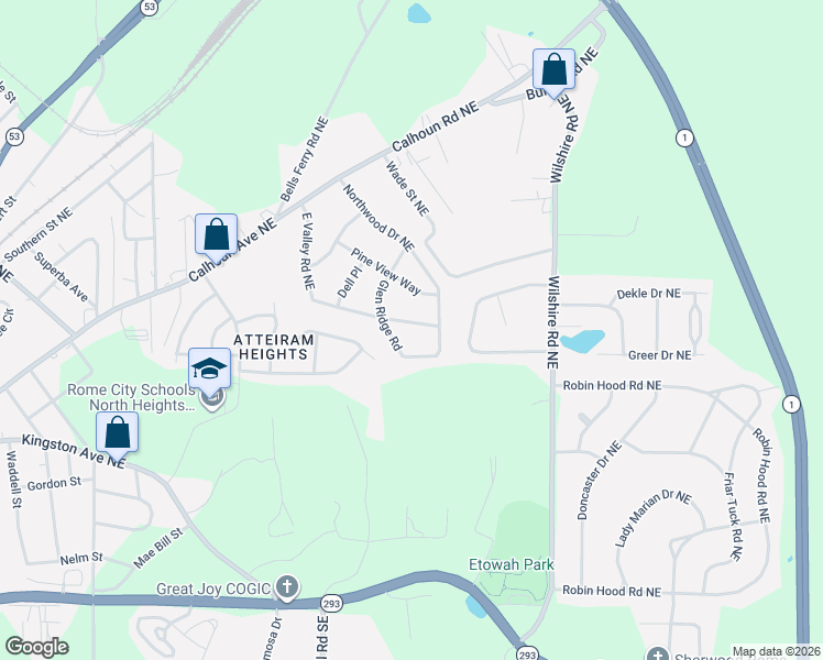 map of restaurants, bars, coffee shops, grocery stores, and more near 307 East Valley Road Northeast in Rome