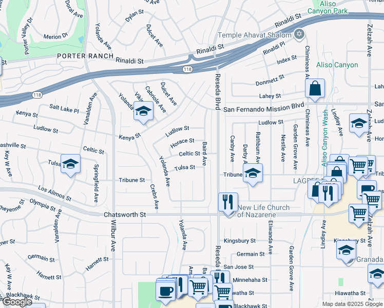 map of restaurants, bars, coffee shops, grocery stores, and more near 18647 Celtic Street in Los Angeles