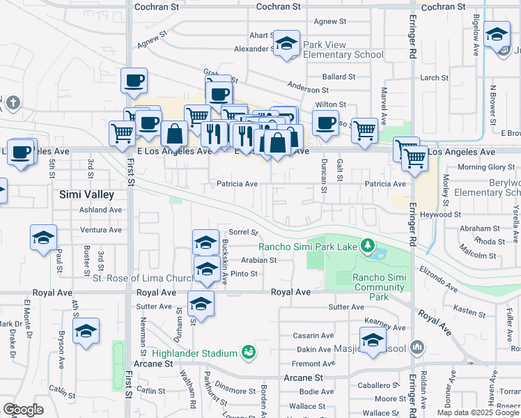 map of restaurants, bars, coffee shops, grocery stores, and more near 1448 Patricia Avenue in Simi Valley