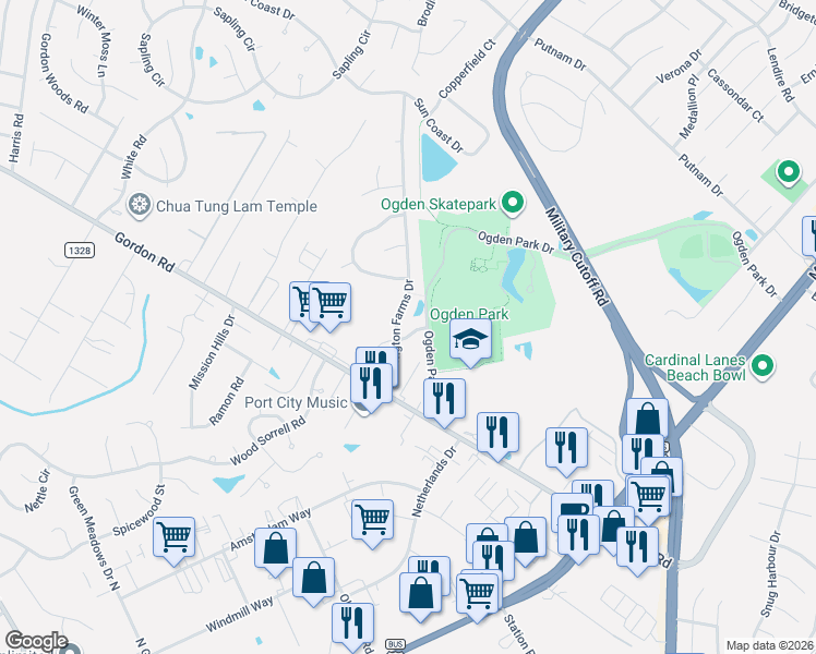map of restaurants, bars, coffee shops, grocery stores, and more near 7011 Daybreak Lane in Wilmington