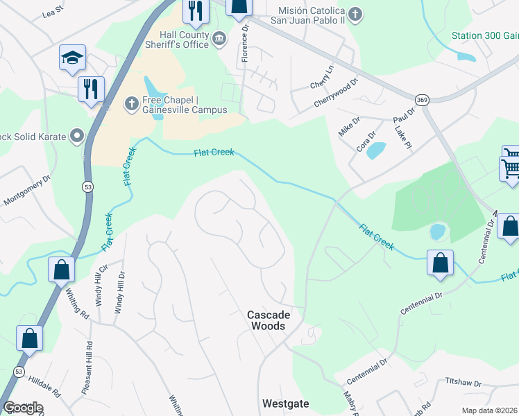 map of restaurants, bars, coffee shops, grocery stores, and more near 3104 Ridgemont Trce Southwest in Gainesville