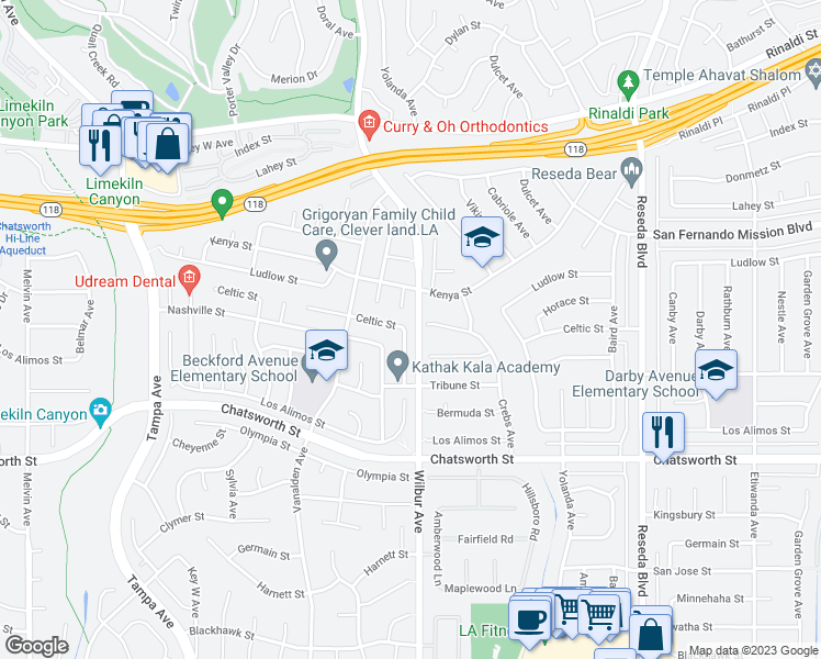 map of restaurants, bars, coffee shops, grocery stores, and more near 10940 Topeka Drive in Los Angeles