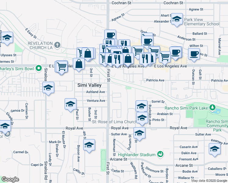 map of restaurants, bars, coffee shops, grocery stores, and more near 1756 First Street in Simi Valley