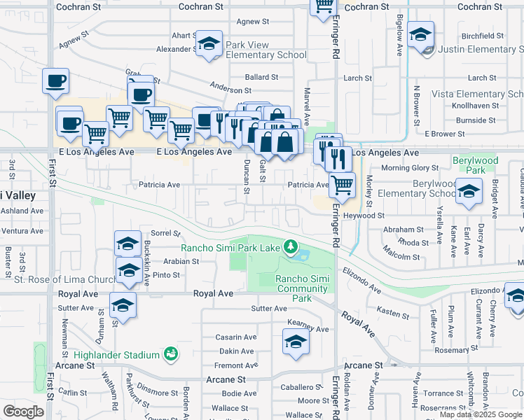 map of restaurants, bars, coffee shops, grocery stores, and more near 1690 Heywood Street in Simi Valley