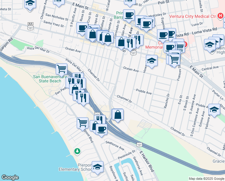 map of restaurants, bars, coffee shops, grocery stores, and more near 2287 Channel Drive in Ventura