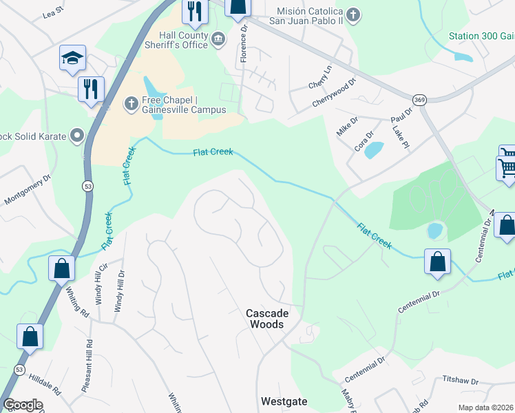 map of restaurants, bars, coffee shops, grocery stores, and more near 3104 Ridgemont Trce SW in Gainesville