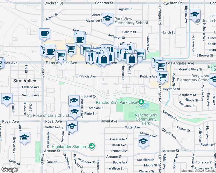 map of restaurants, bars, coffee shops, grocery stores, and more near 1520 Patricia Avenue in Simi Valley