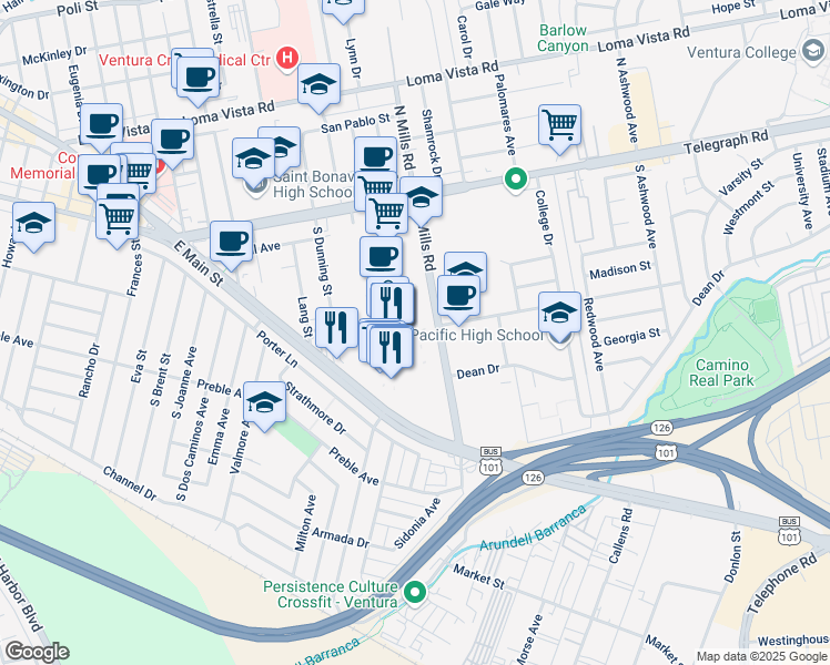 map of restaurants, bars, coffee shops, grocery stores, and more near 377 South Mills Road in Ventura
